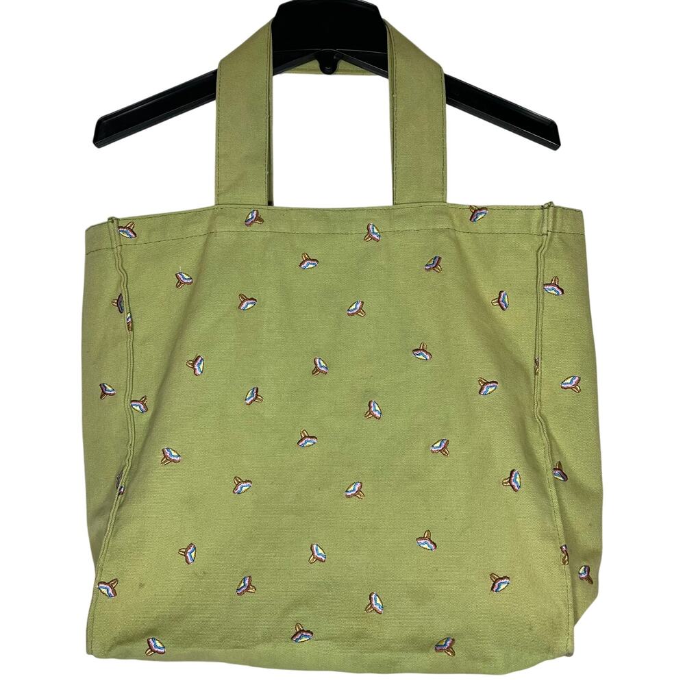 Green Embroidered Cotton Canvas Tote Bag Double Handle Large